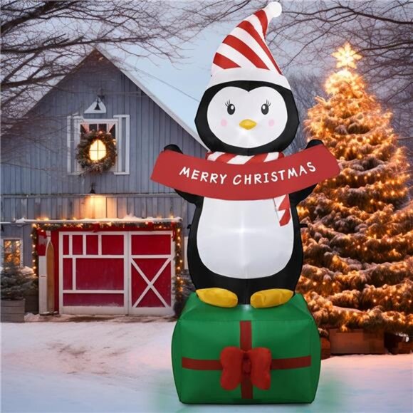 6FT Christmas Penguin Inflatables Decoration with LED Lights, Blow Up Decoration - Picture 1 of 6